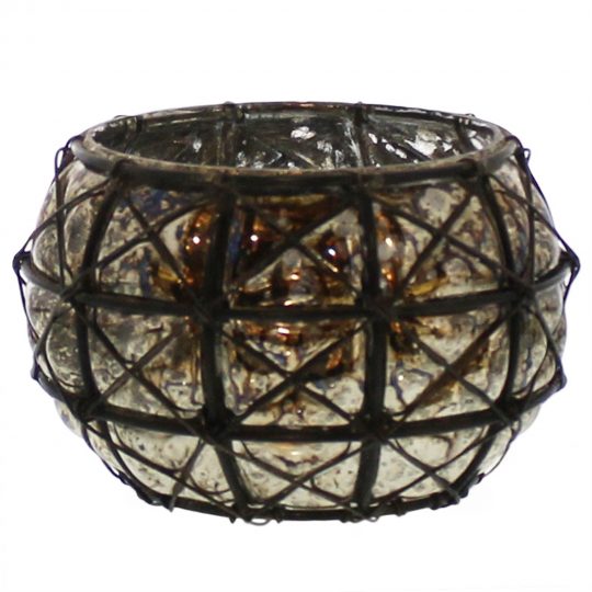 Glass Hurricane Lamp with Metal Designed Exterior Support